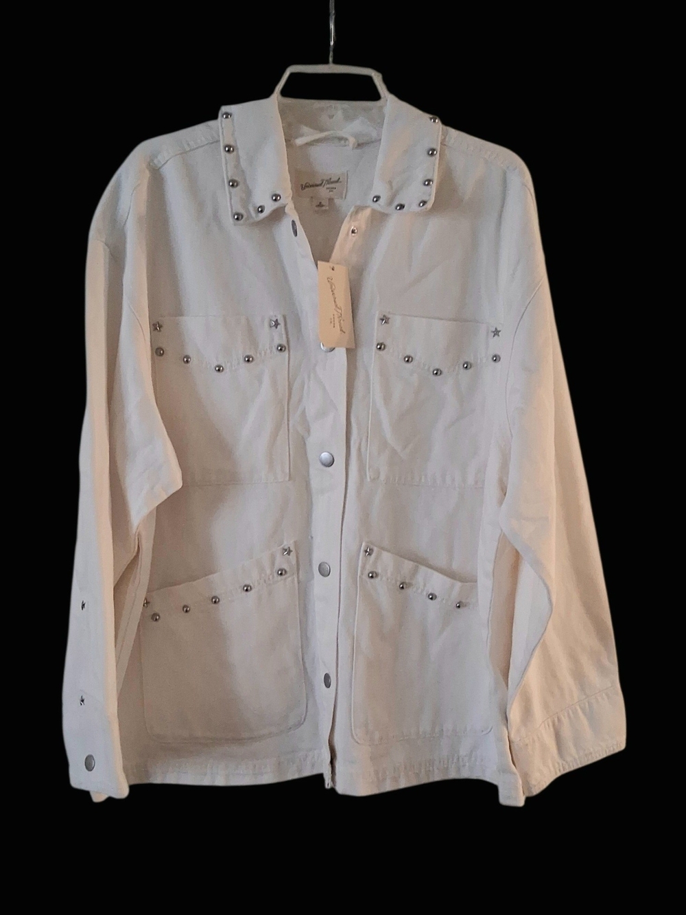 Studded Button-Front White Denim Oversized Jacket M